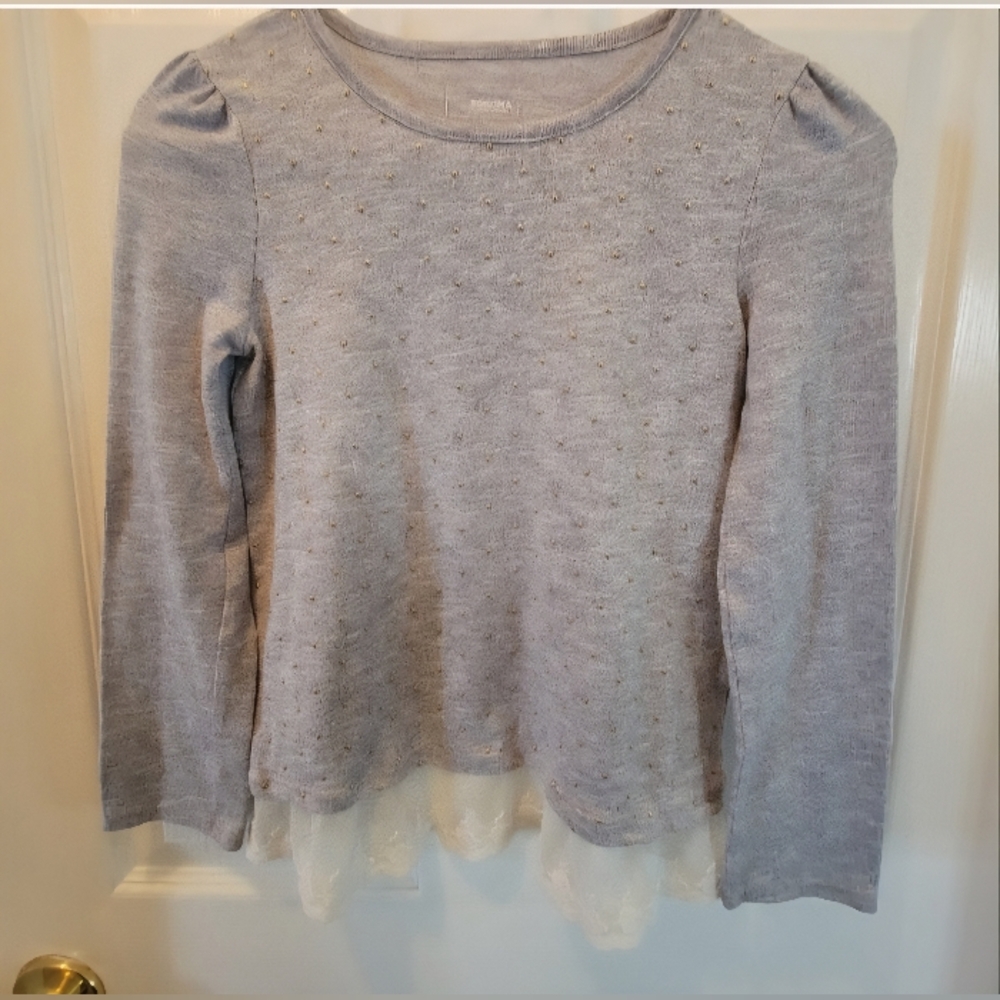 Gray Sweater with Lace Hem